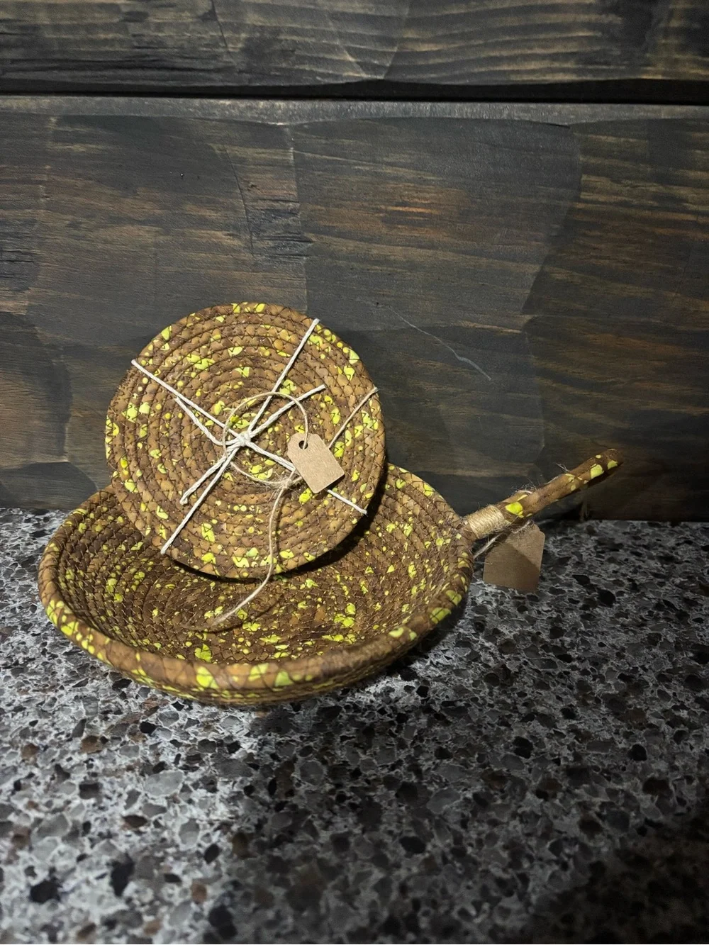 Brown and Yellow Coiled coasters and holder.